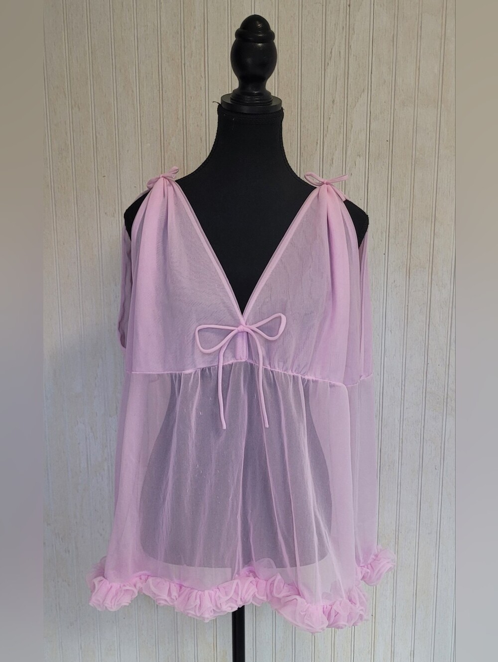 ​Vintage 60s GMc Sheer Pink Babydoll Lingerie Nightgown Top L
